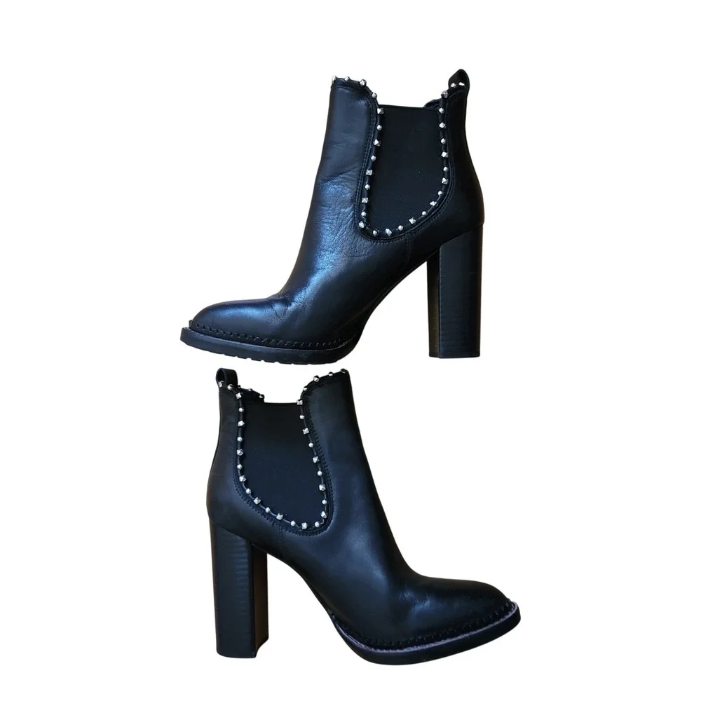Sam Edelman Black‎ Leather Studded Chelsea Ankle Boots Block Heel Salma 8.5